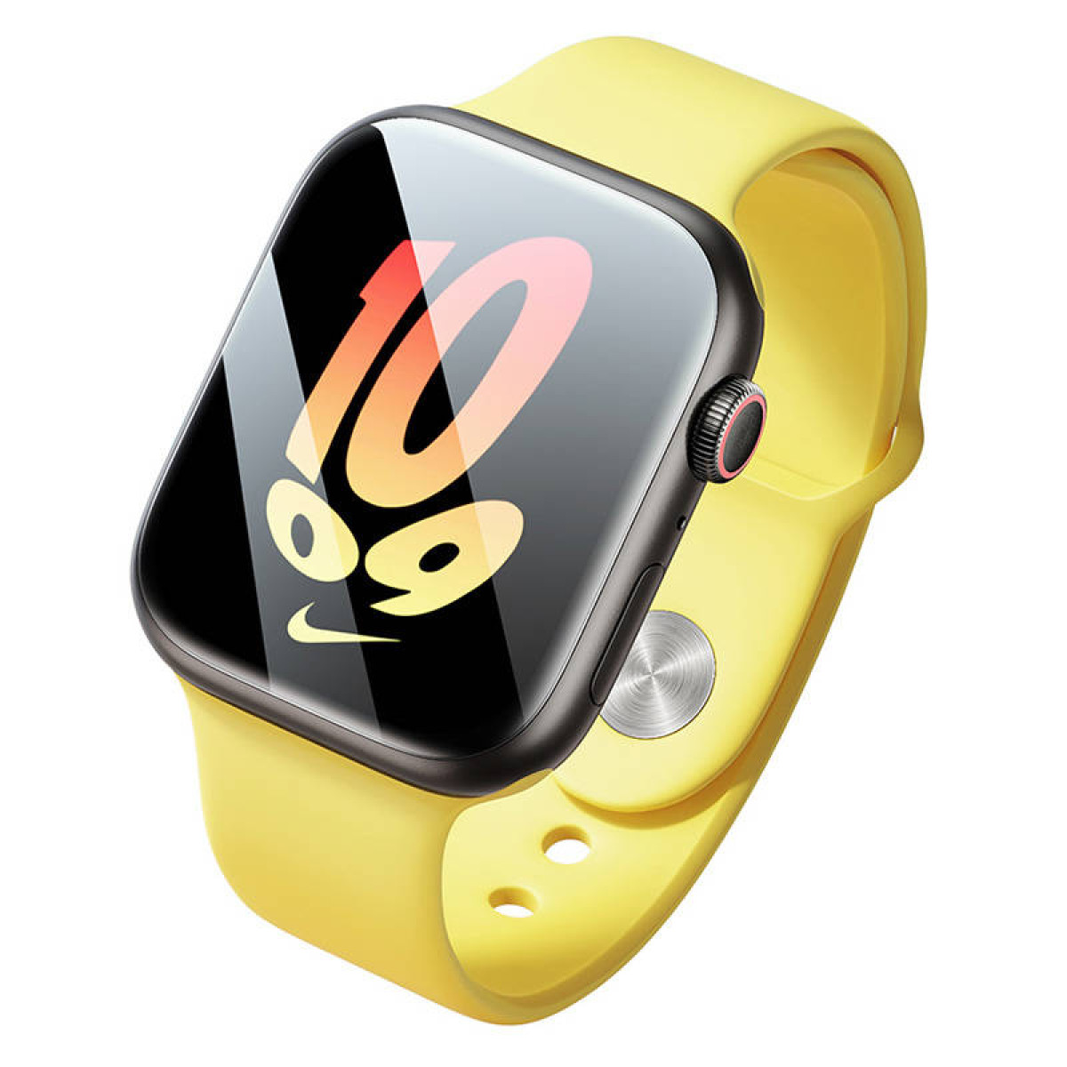 Smartwatch con cinturino giallo che mostra le 10:09 sullo schermo su sfondo bianco.