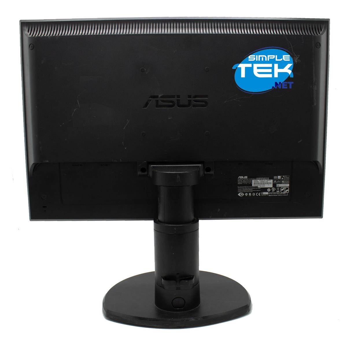 Vista posteriore di un monitor ASUS nero. Il supporto e il retro sono neri. È visibile un adesivo Simple Tek.