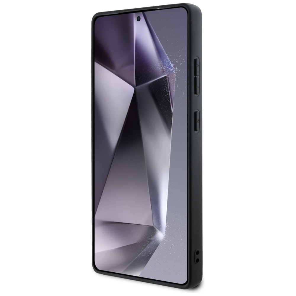 Smartfon w czarnym etui wyświetlający geometryczny wzór na ekranie, z widocznymi bocznymi przyciskami.