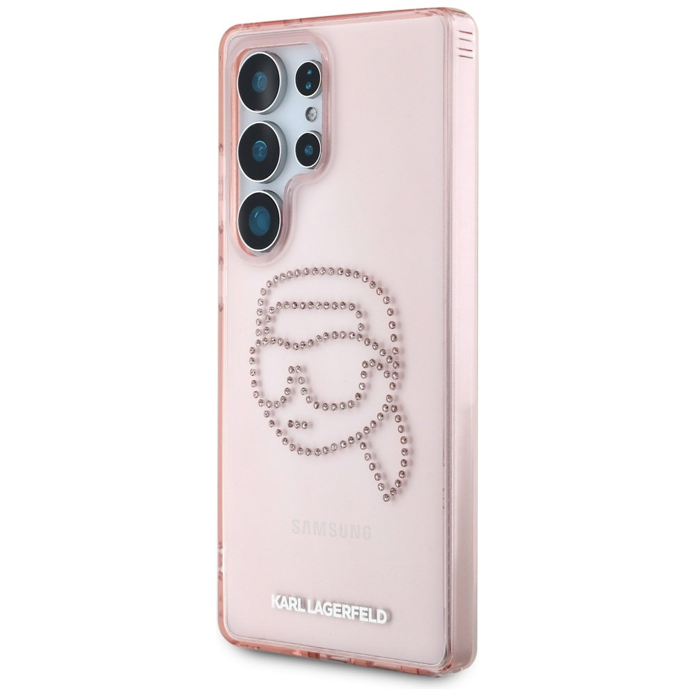 Viene mostrata una custodia per telefono rosa trasparente con un design Karl Lagerfeld e il logo Samsung.