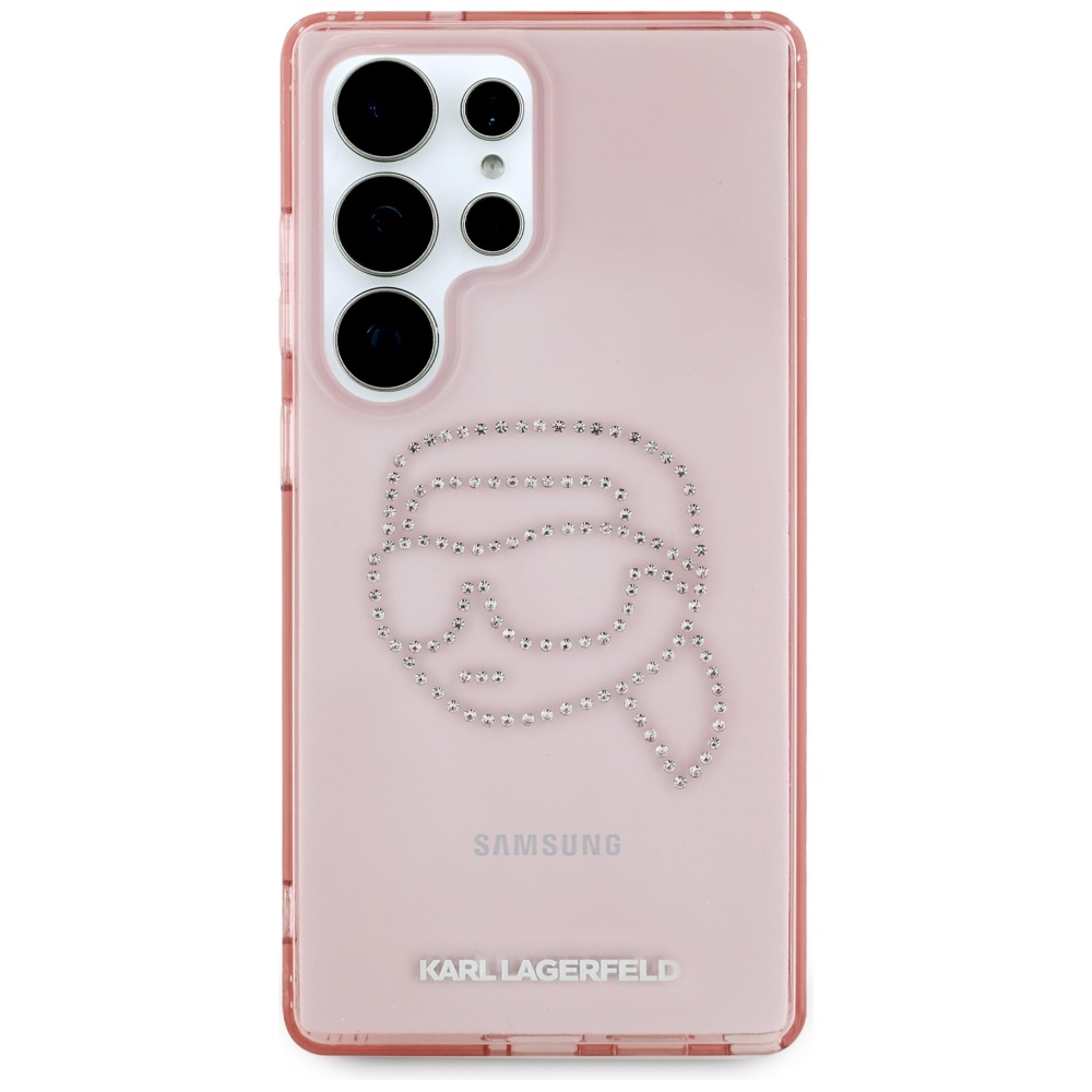 Viene mostrata una custodia per telefono rosa trasparente con un design Karl Lagerfeld e il logo Samsung.