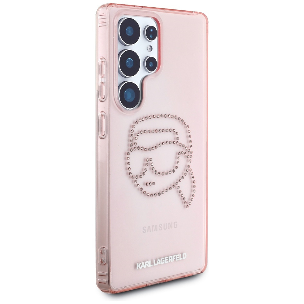 Una custodia rosa per telefono con un design Karl Lagerfeld, strass e il logo Samsung.