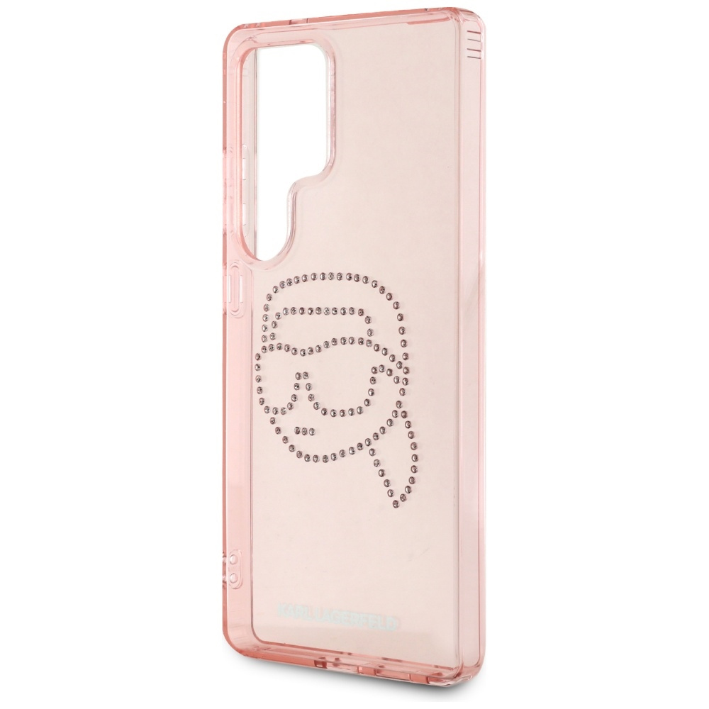 Custodia rosa per telefono con design Karl Lagerfeld in strass.