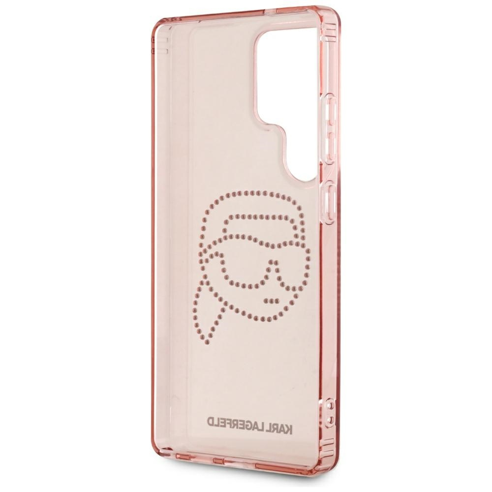 Custodia rosa per telefono con design del logo Karl Lagerfeld in strass.