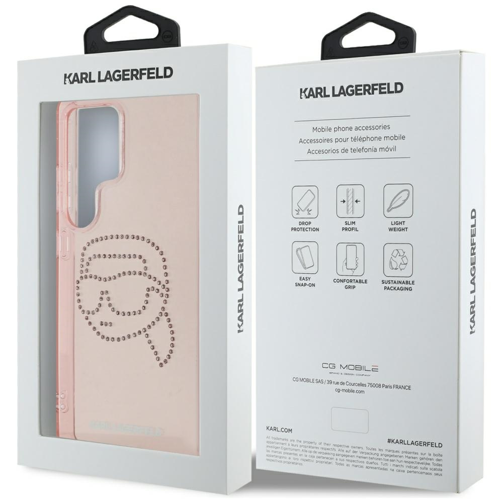 Una confezione del prodotto per una custodia per telefono Karl Lagerfeld, che mostra la custodia e le sue caratteristiche.