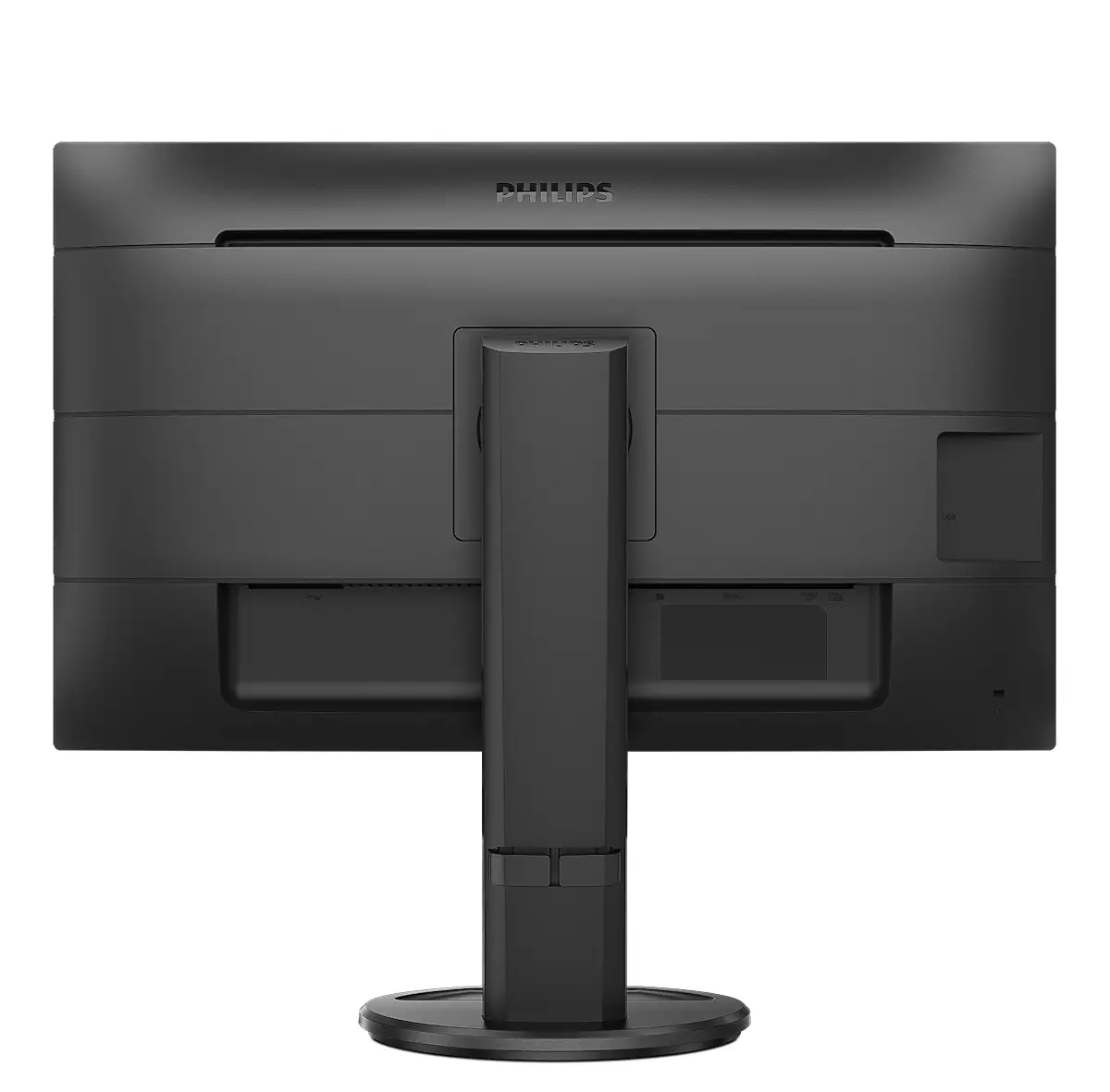 Rear view of a Philips monitor on a stand, centered against a white background.
