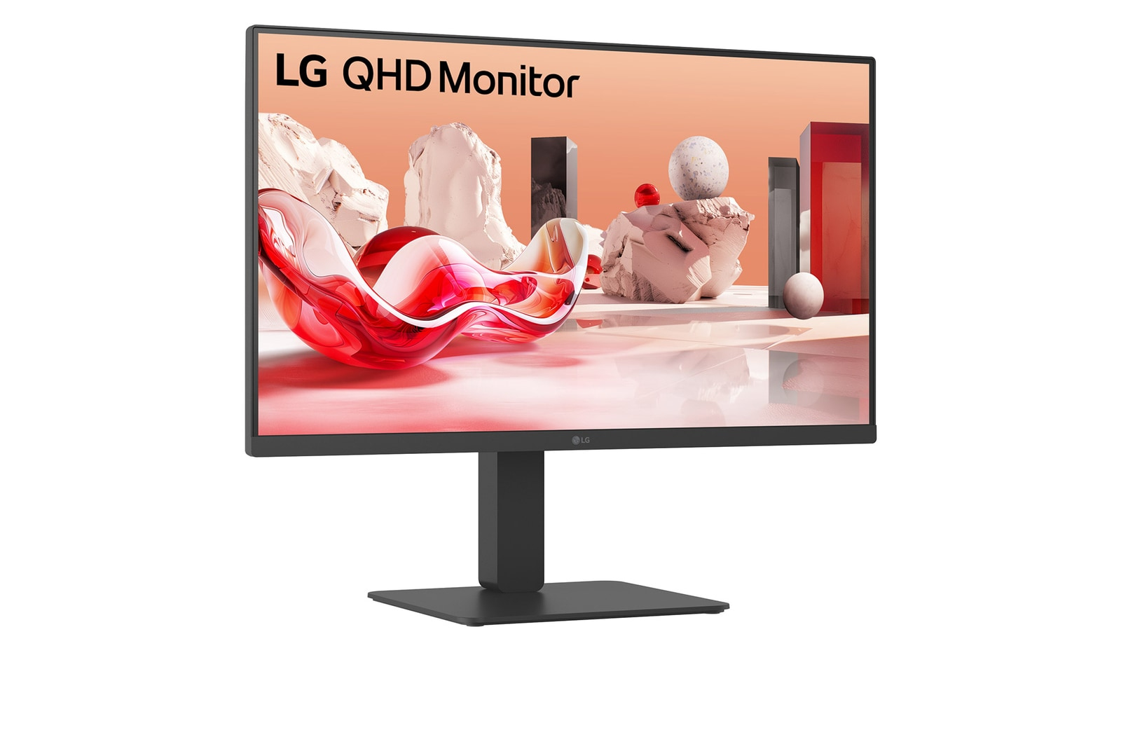 Monitor LG QHD, białe tło, abstrakcyjny wzór z czerwonym kształtem na ekranie.