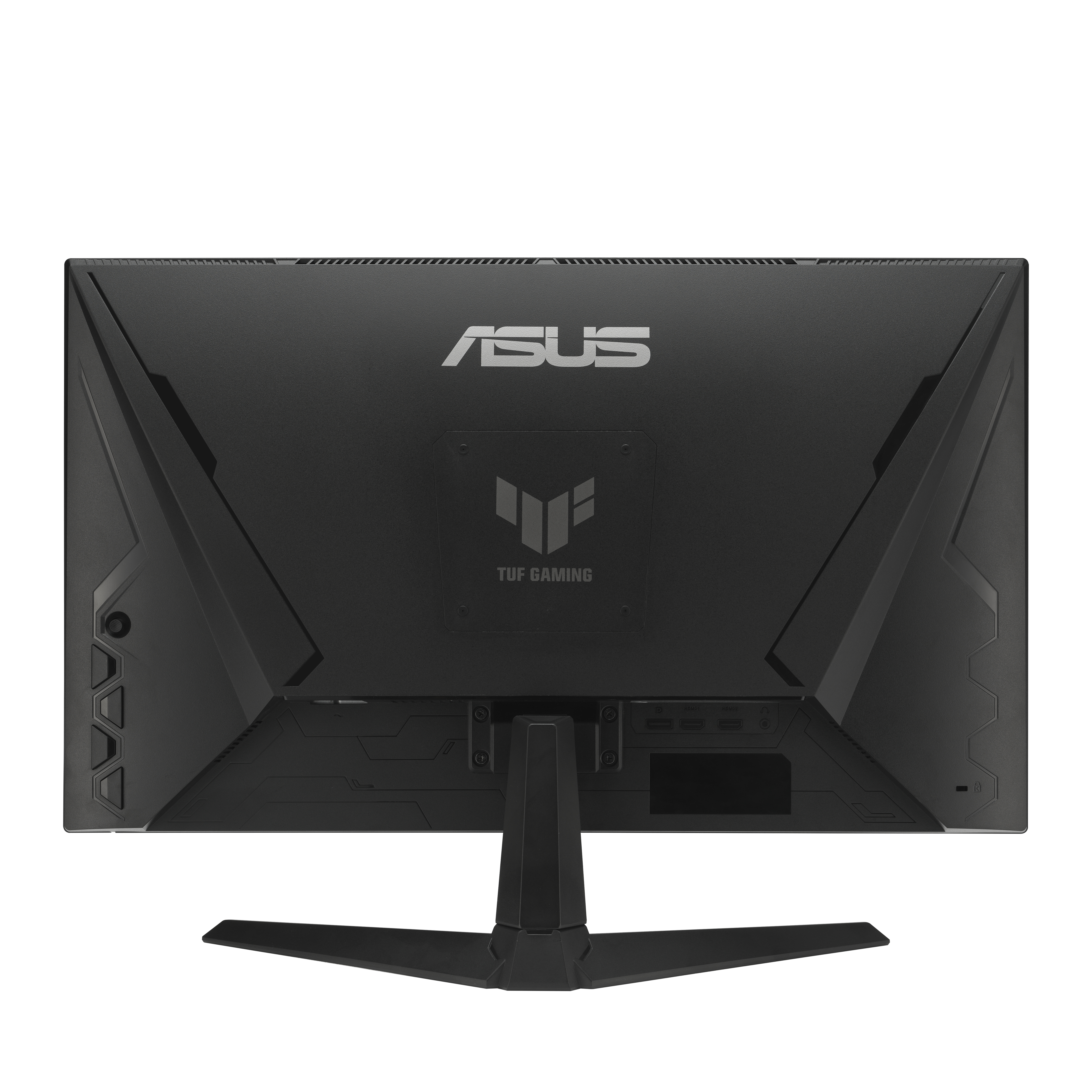 Vue arrière d'un moniteur ASUS TUF Gaming noir sur un support noir, montrant les ports et le logo de la marque.