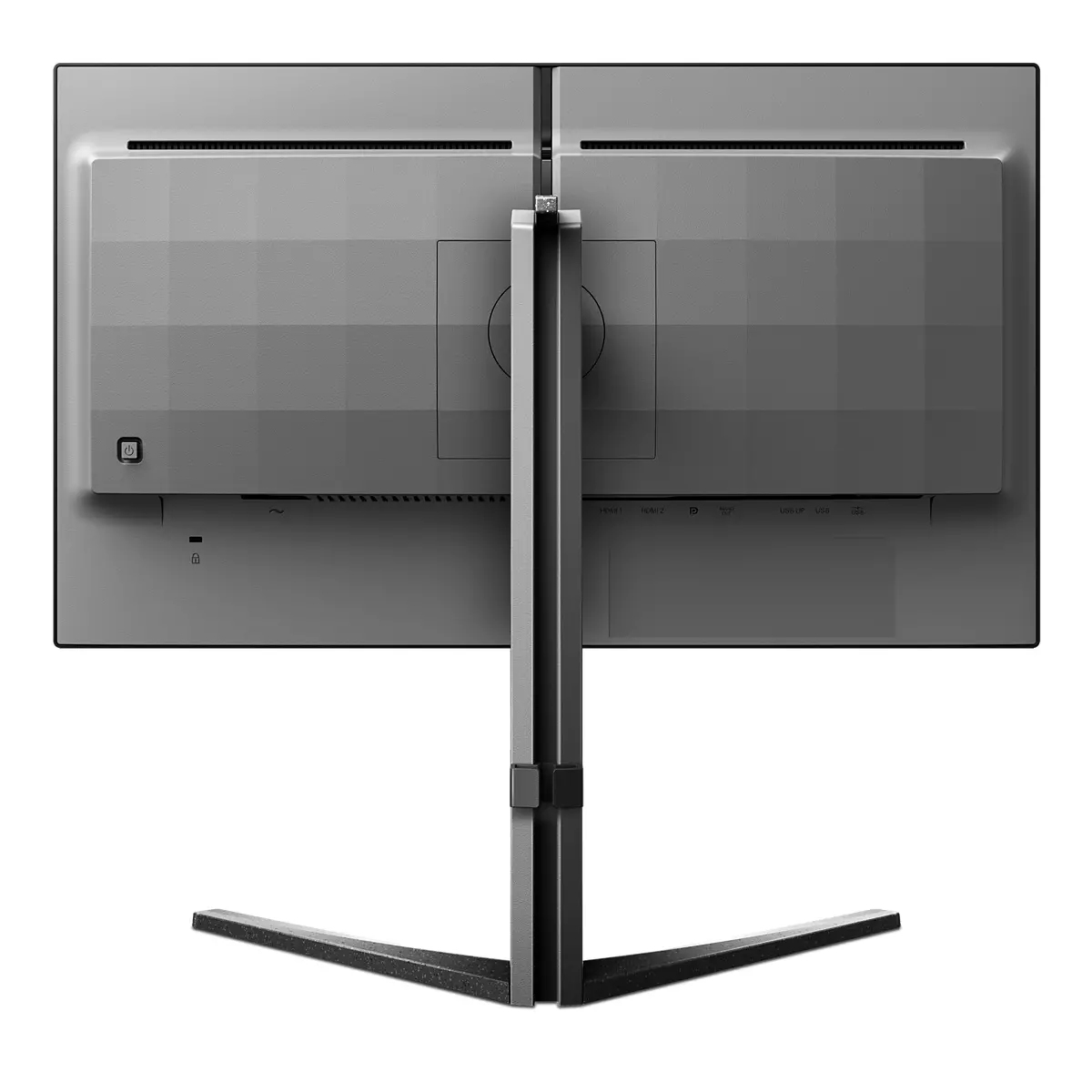 Tył dwóch szarych monitorów stoi obok siebie, połączonych srebrną podstawą z podstawą w kształcie litery V.