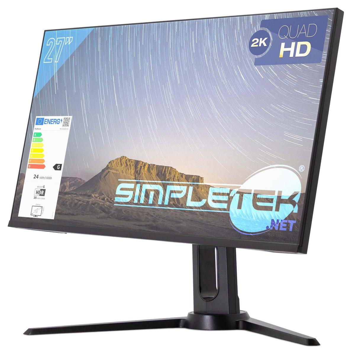 Un monitor 2K Quad HD da 27" mostra un cielo stellato sopra una catena montuosa. È su un supporto nero.