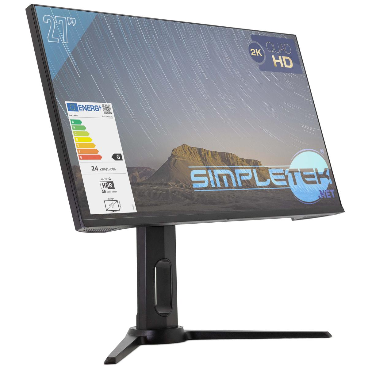 Un monitor da 27 pollici con supporto nero. Mostra un paesaggio e ha etichette energetiche.