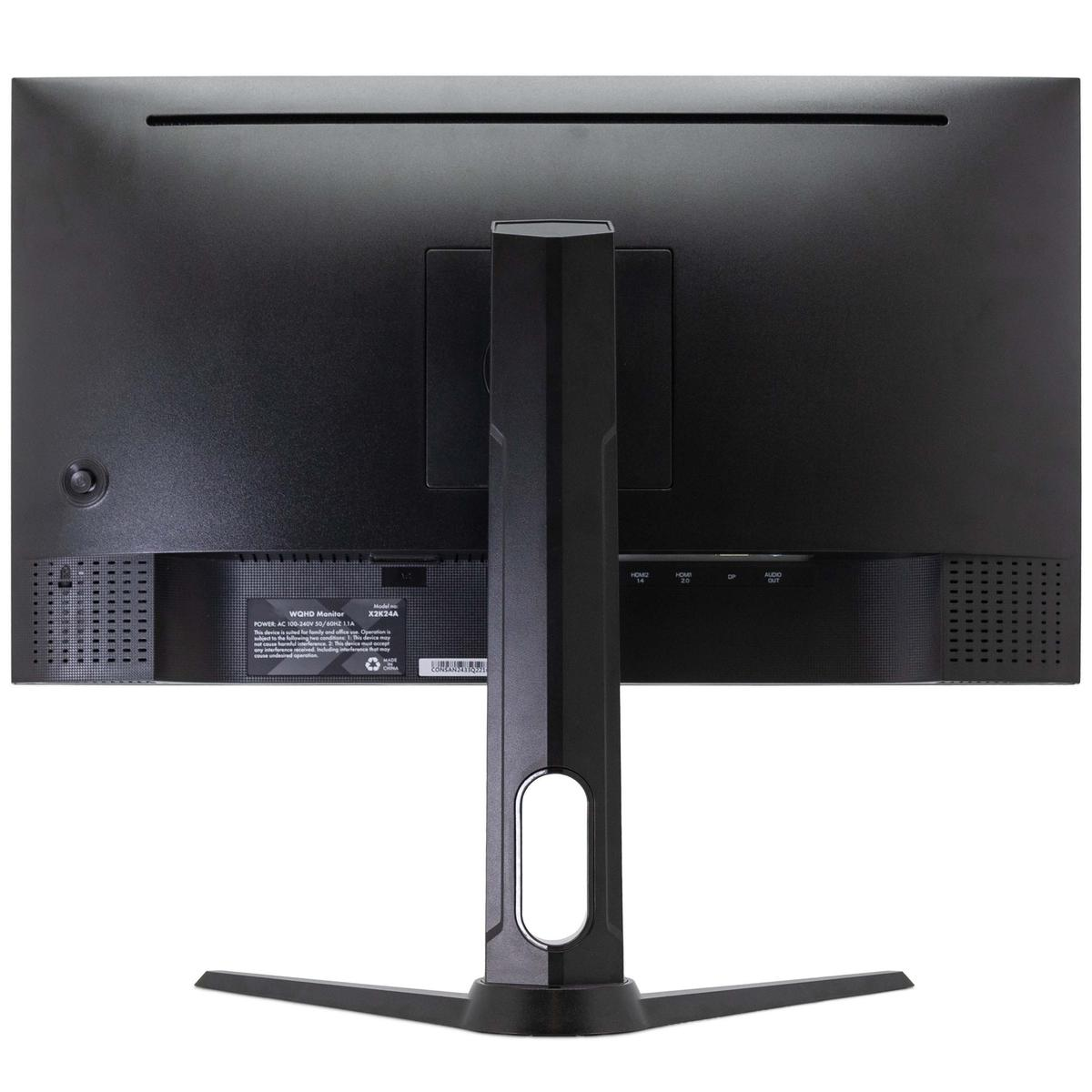 Retro di un monitor nero. Sono visibili il supporto e le porte. La superficie è liscia e nera.