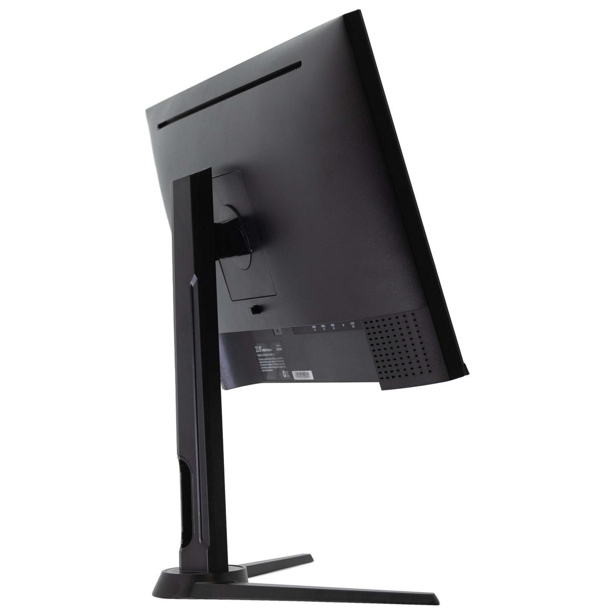 Vista laterale di un monitor nero. Sono visibili il supporto e le porte. La superficie è liscia e nera.