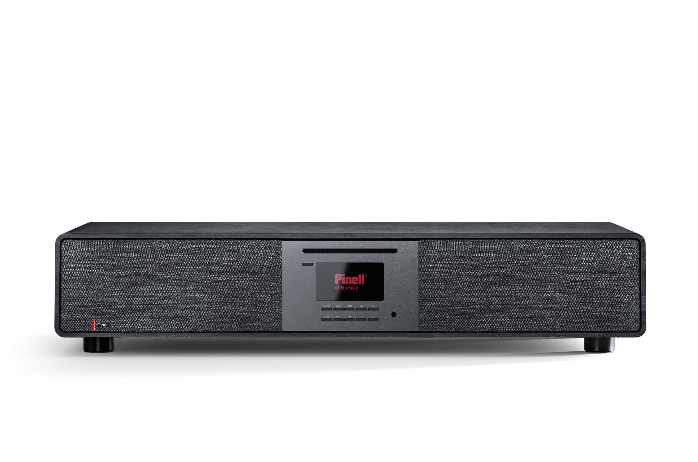 A black audio device with a central display and CD slot, set against a white background.