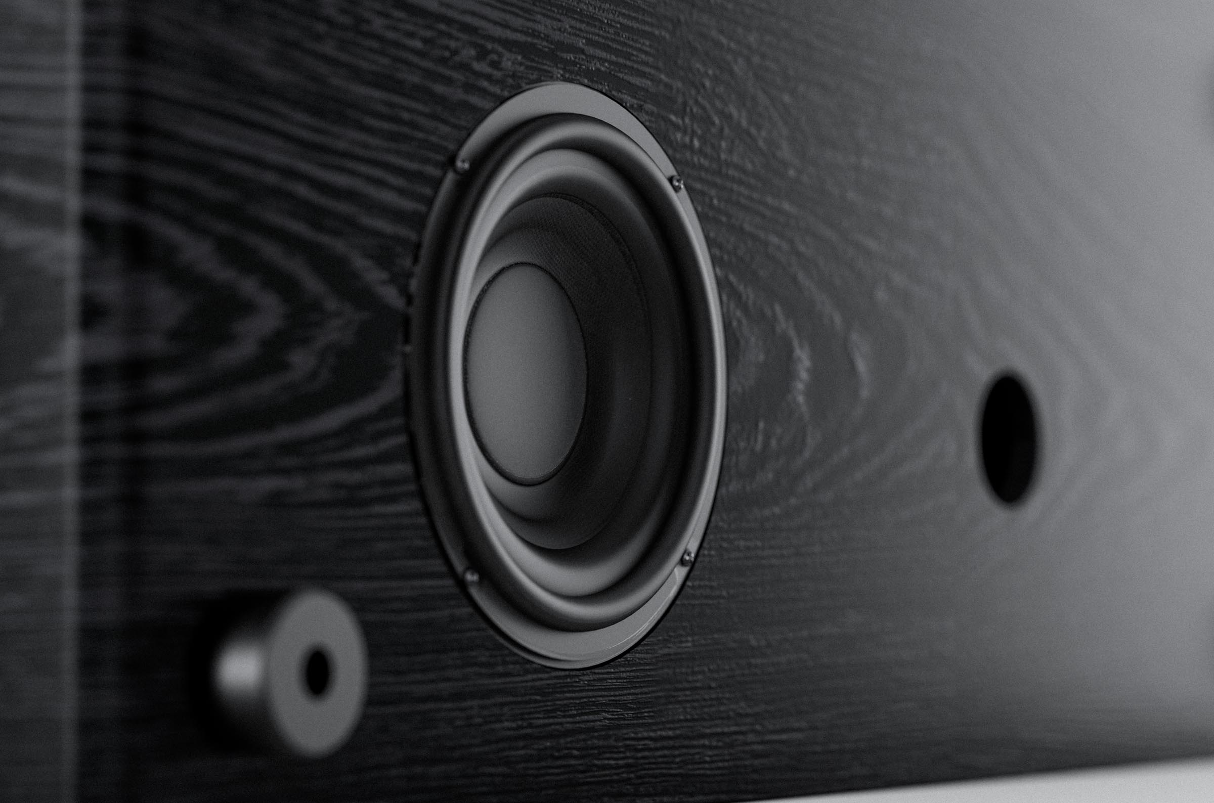 Close-up of a speaker component. The speaker is black, with a circular opening, and a dark wood finish.