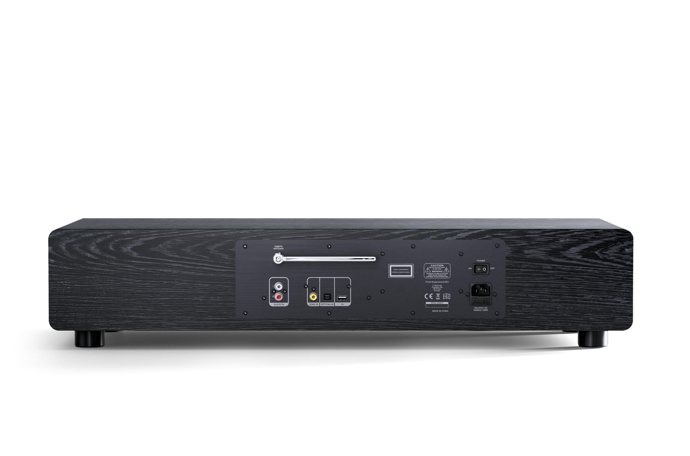 Rear view of a black audio device with various connection ports against a white background.