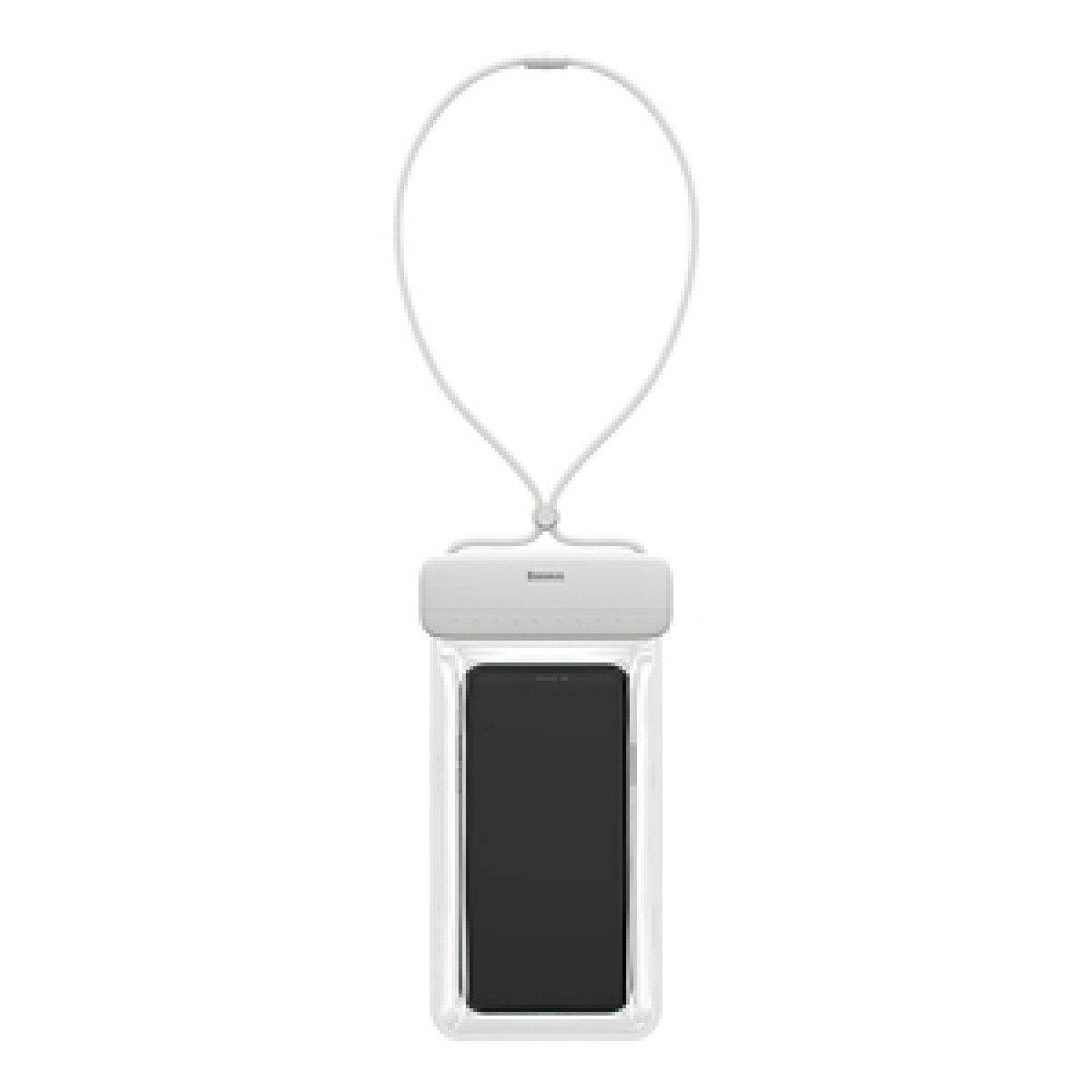 Eine wasserdichte Handytasche mit einem Handy darin, die an einem weißen Schlüsselband hängt.
