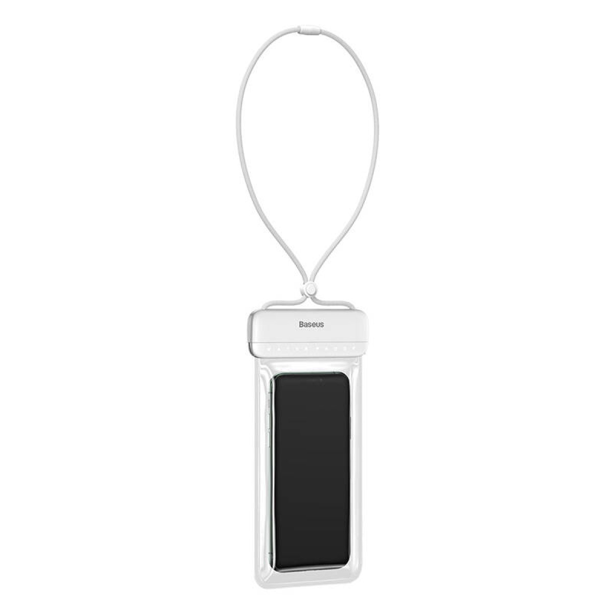 Eine wasserdichte Handytasche mit einem Handy darin, die an einem weißen Schlüsselband hängt.