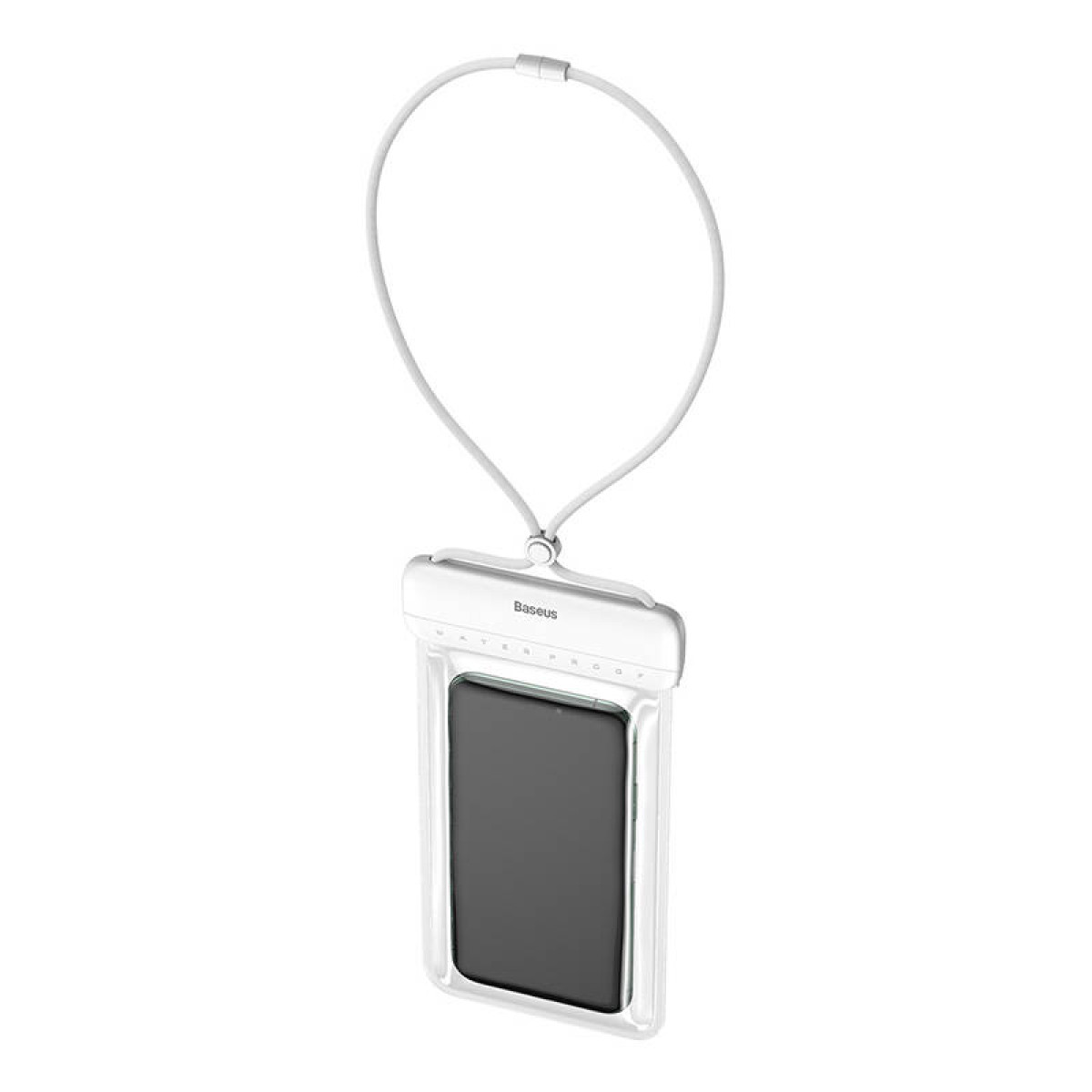 Eine wasserdichte Handytasche mit einem Handy darin, die an einem weißen Schlüsselband hängt.