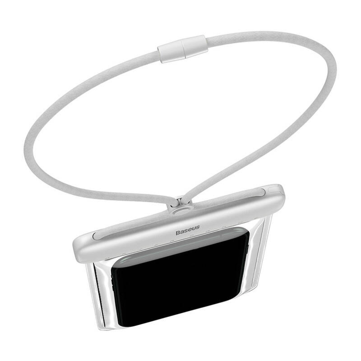 Eine wasserdichte Handytasche mit einem Handy darin, die an einem weißen Schlüsselband hängt.