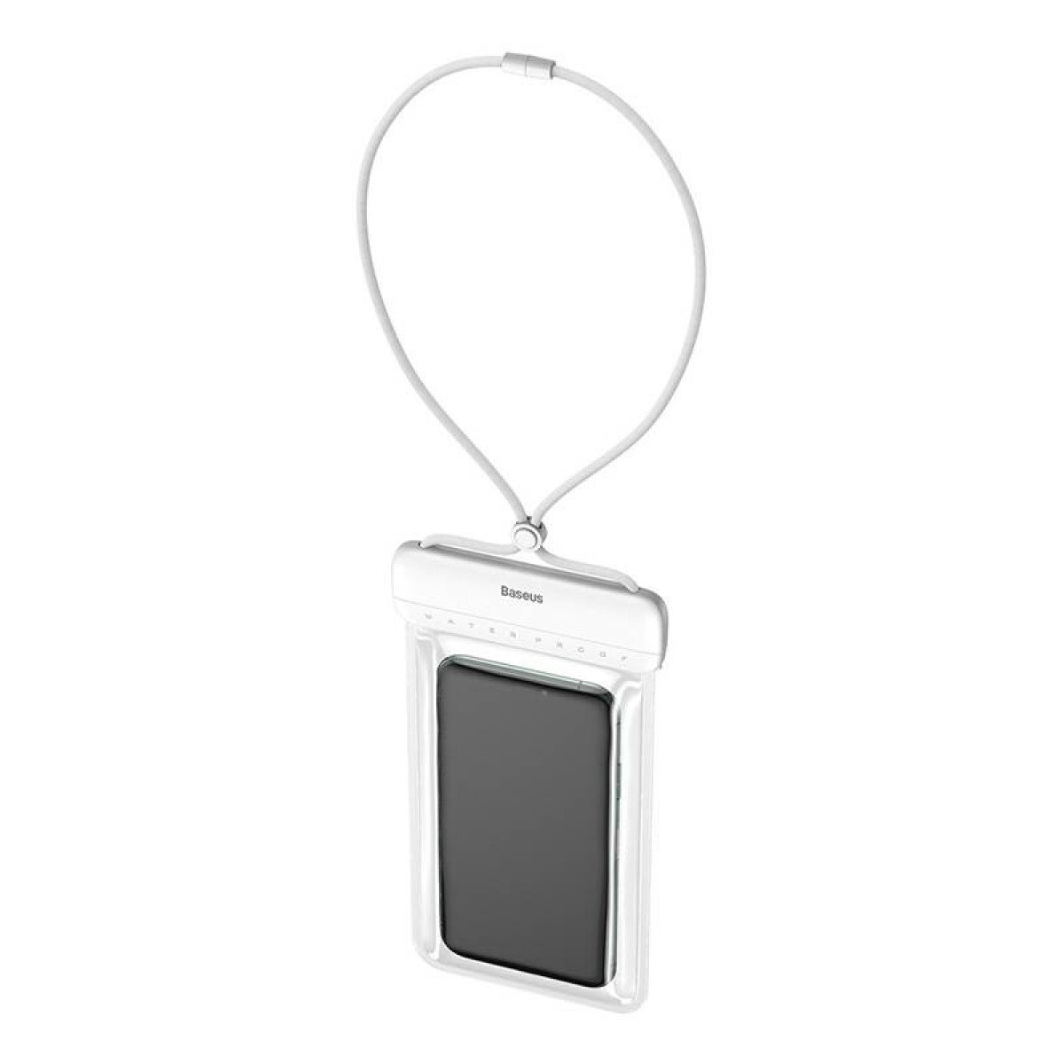 Eine wasserdichte Handytasche mit einem Handy darin, die an einem weißen Schlüsselband hängt.