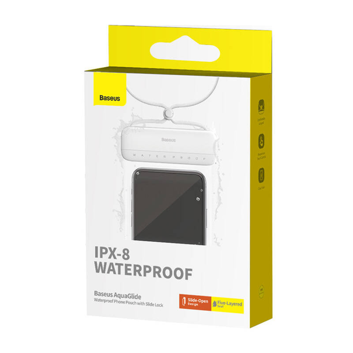 Eine gelb-weiße Schachtel für eine wasserdichte Handyhülle von Baseus mit dem Produktbild.