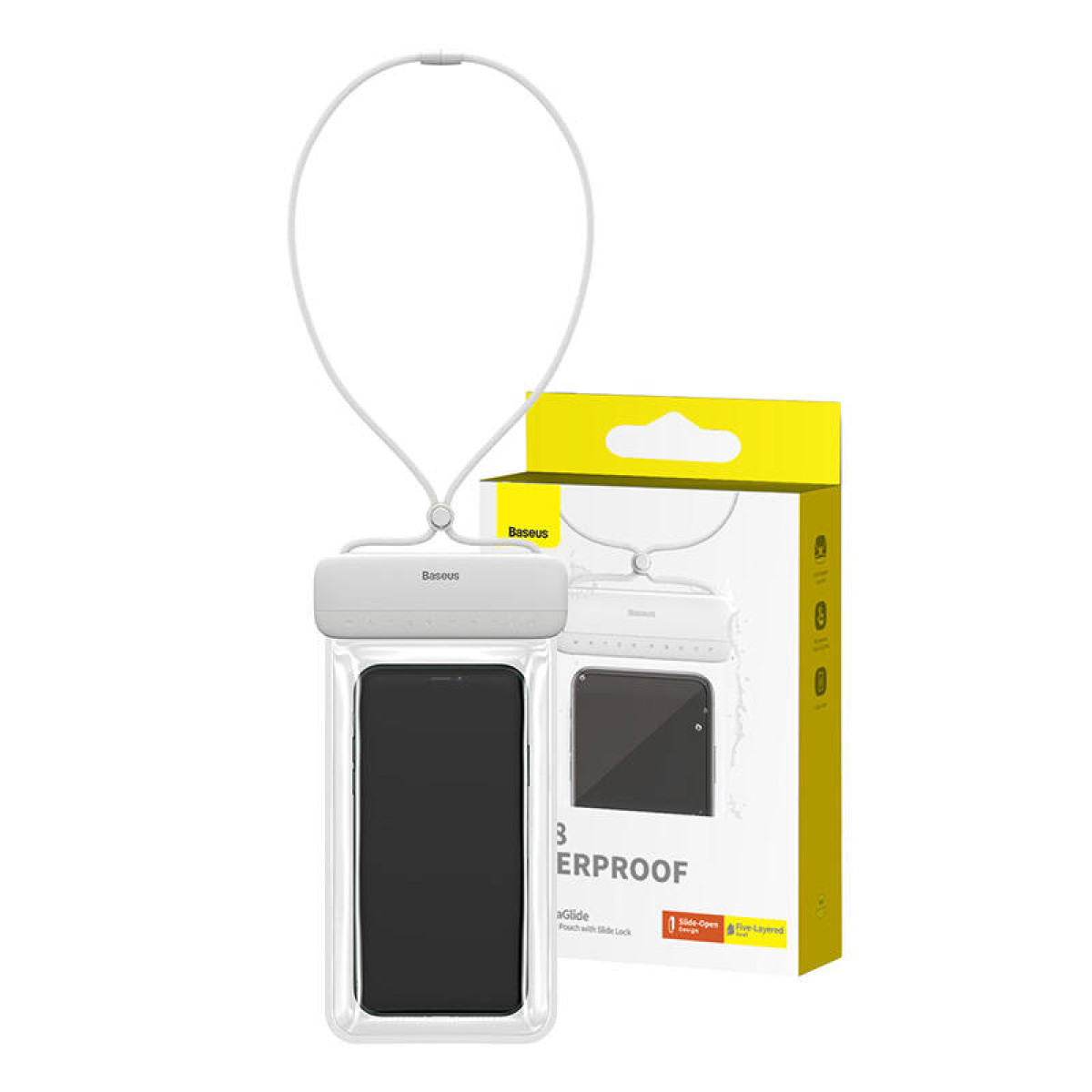 Eine wasserdichte Handyhülle von Baseus und ihre Verpackung, die ihre Funktionen und ihr Design zeigt.