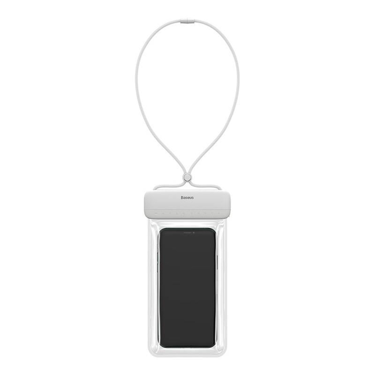Eine weiße wasserdichte Handytasche mit weißem Schlüsselband. Ein schwarzes Telefon befindet sich darin.