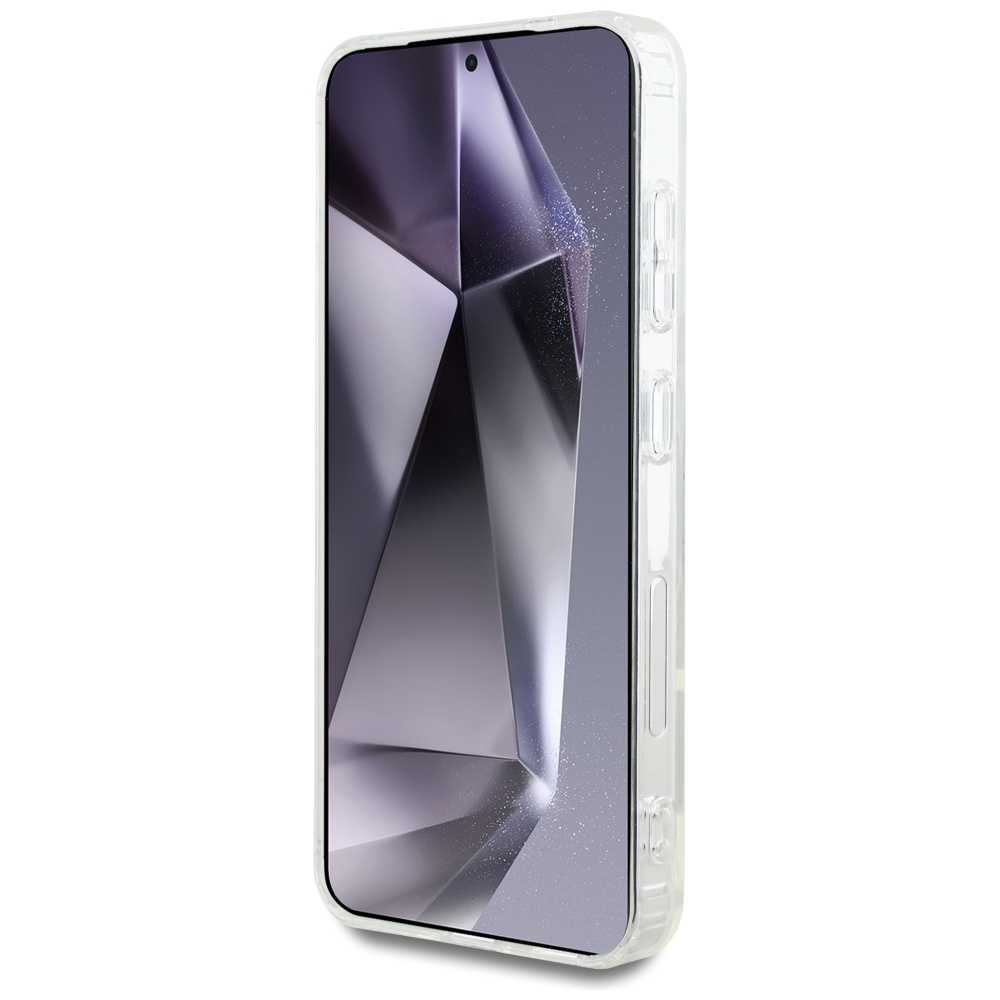 Przezroczyste etui na telefon z geometrycznym wzorem na ekranie. Przyciski są widoczne.