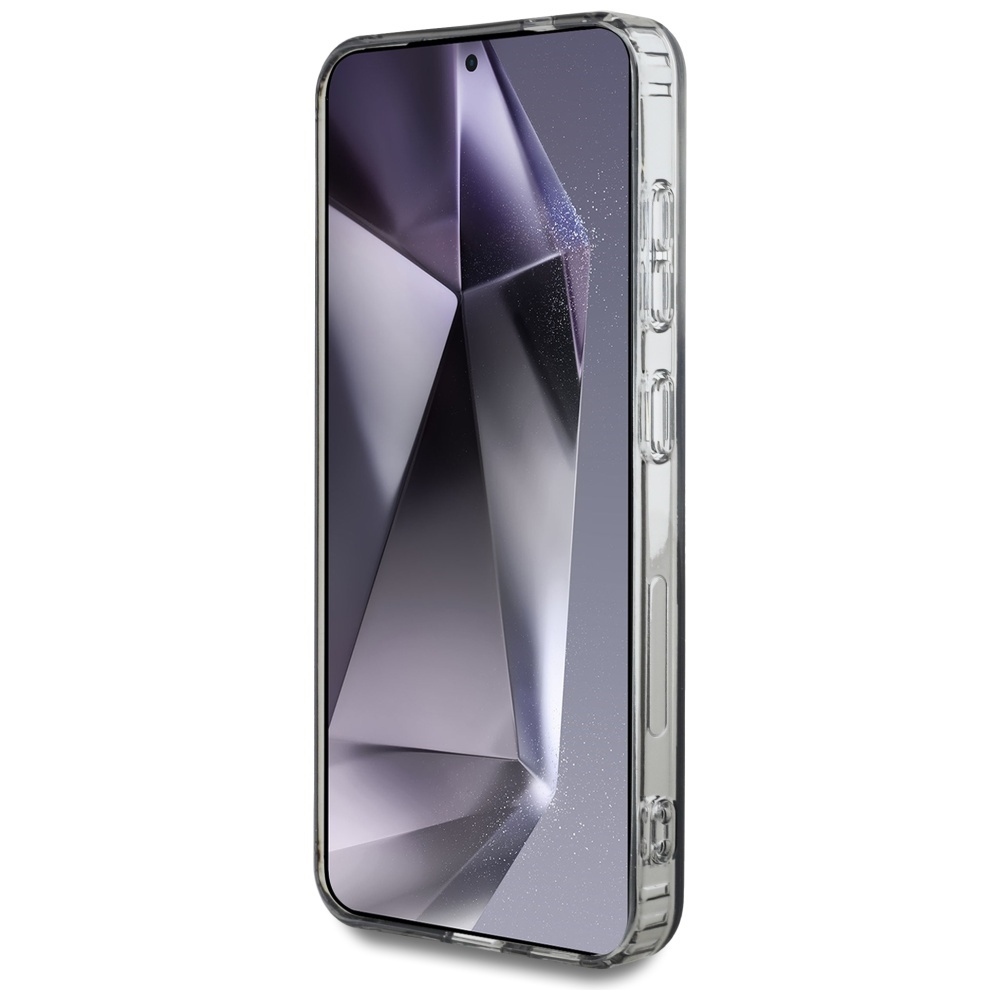 Przezroczyste etui na telefon z geometrycznym wzorem na ekranie. Przyciski są widoczne.