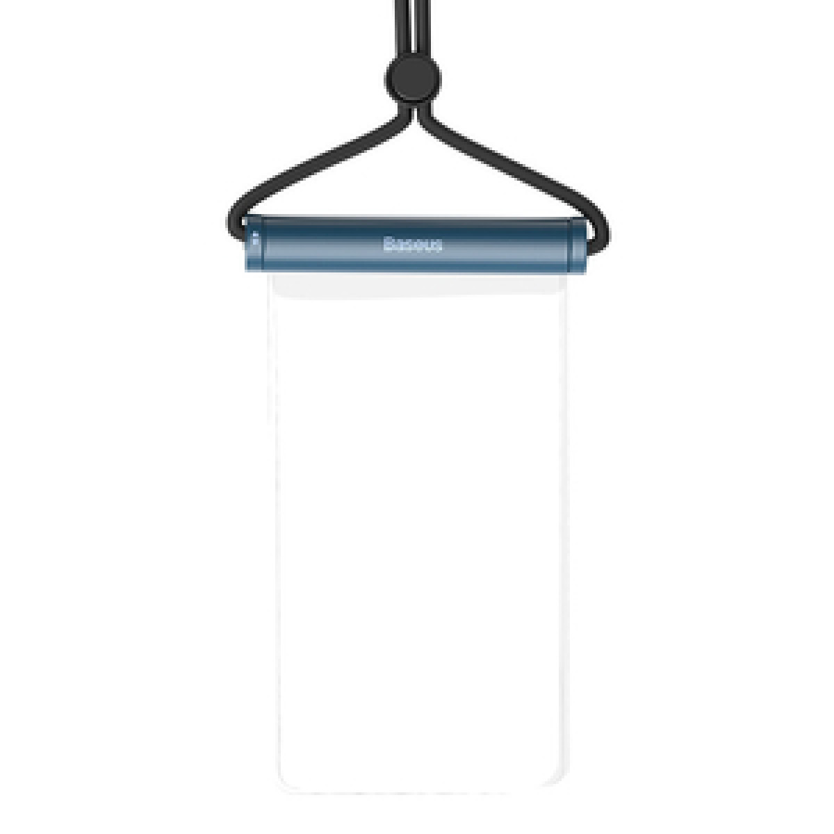 Eine durchsichtige, wasserdichte Handytasche mit einem schwarzen Schlüsselband vor einem weißen Hintergrund.