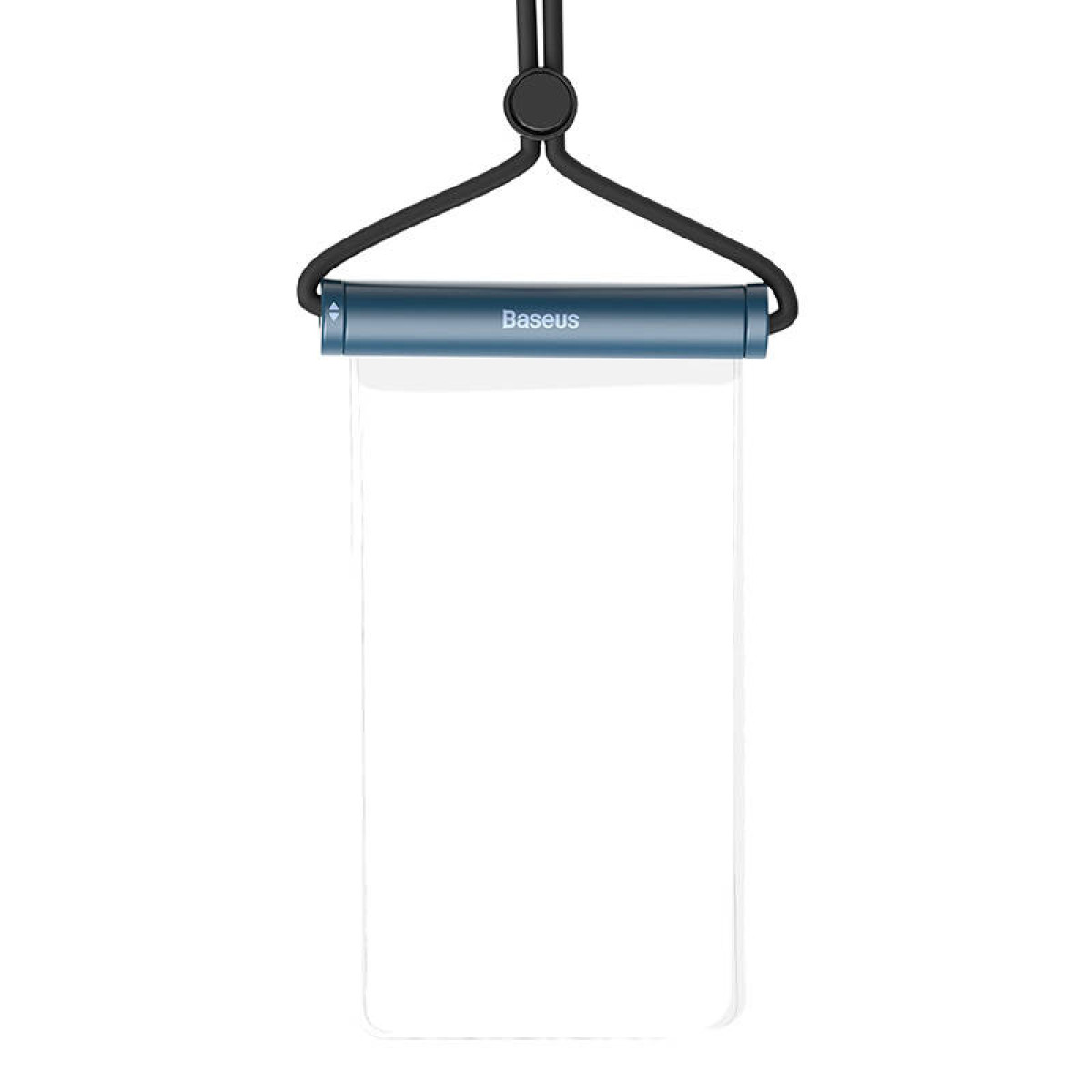 Eine durchsichtige, wasserdichte Handytasche mit einem schwarzen Schlüsselband vor einem weißen Hintergrund.