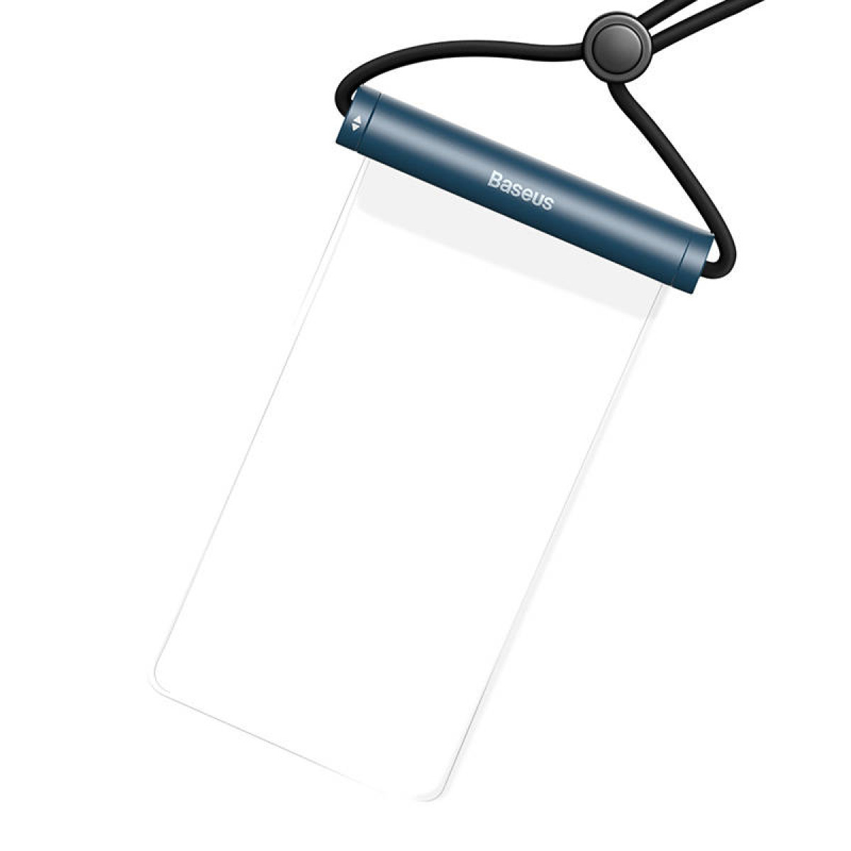 Transparente Handyhülle mit schwarzem Riemen und blauem Baseus-Balken.
