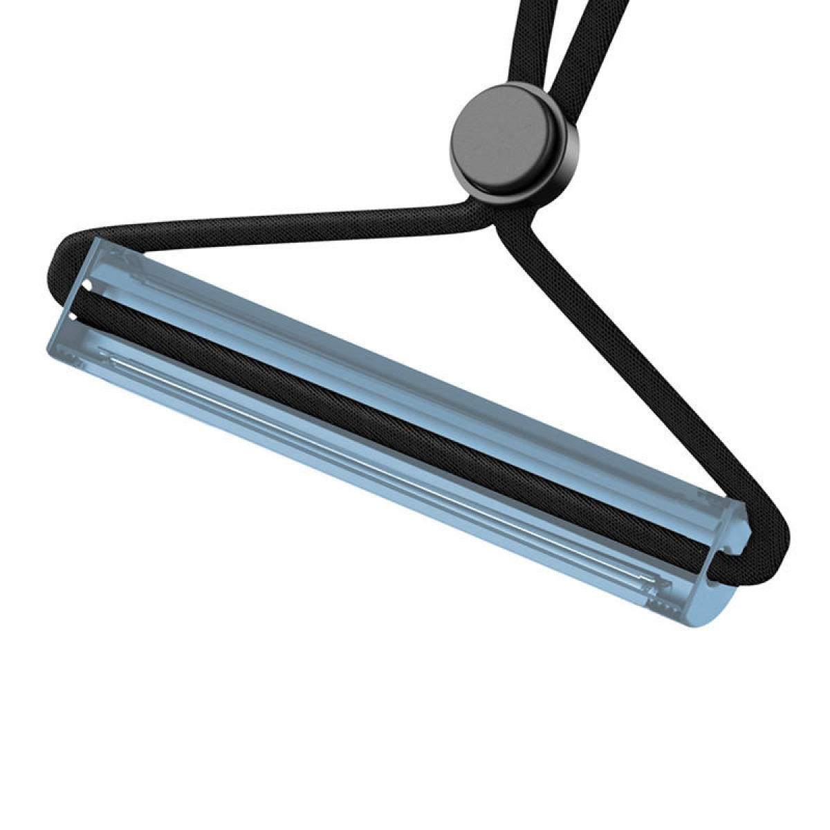 Transparente Plastikröhre mit schwarzem Kordelzug und schwarzem Knopf.
