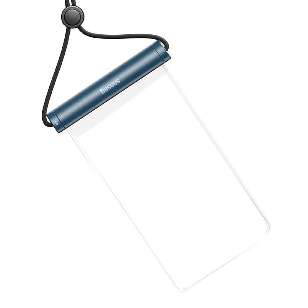 Transparente Handyhülle mit schwarzem Riemen und blauem Baseus-Balken.