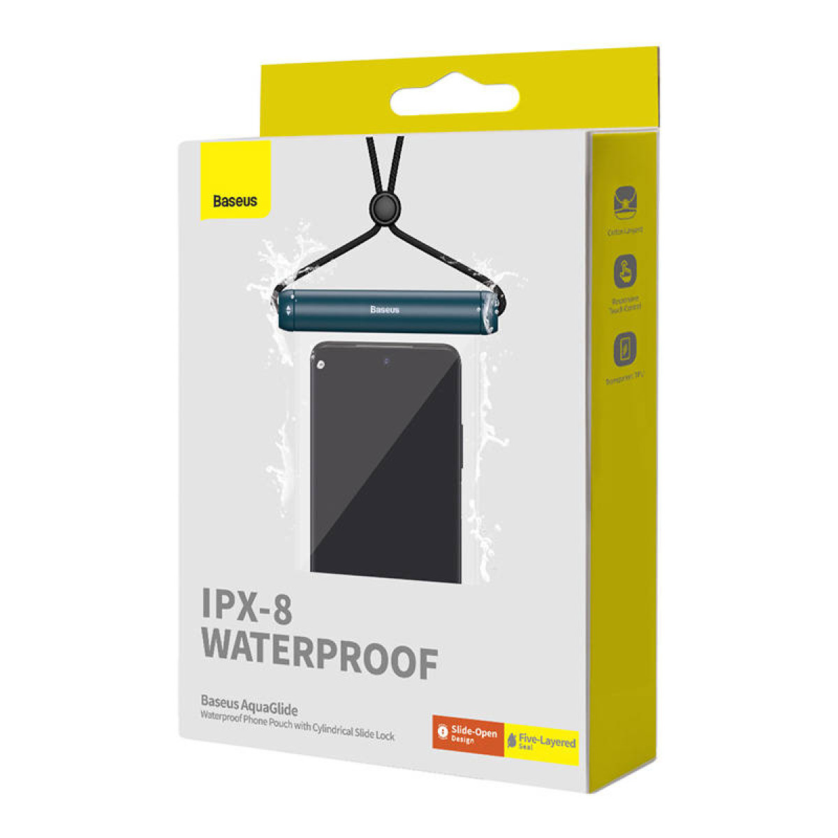 Box mit Handytasche und Telefon. IPX-8 wasserdicht.