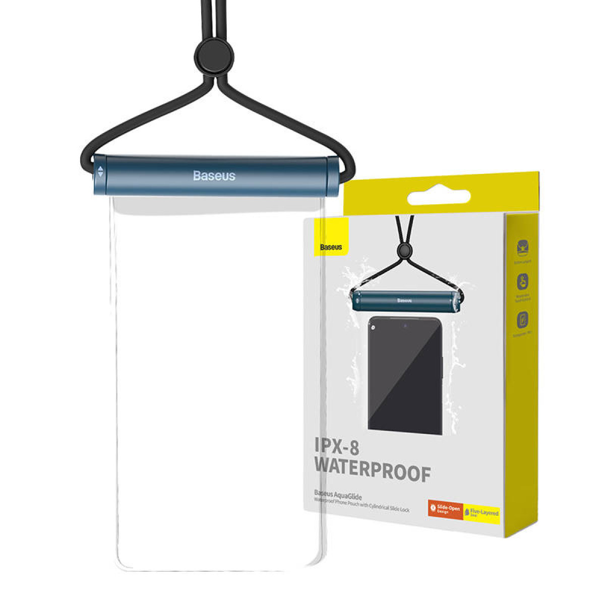 Box mit Handytasche und Telefon. IPX-8 wasserdicht.