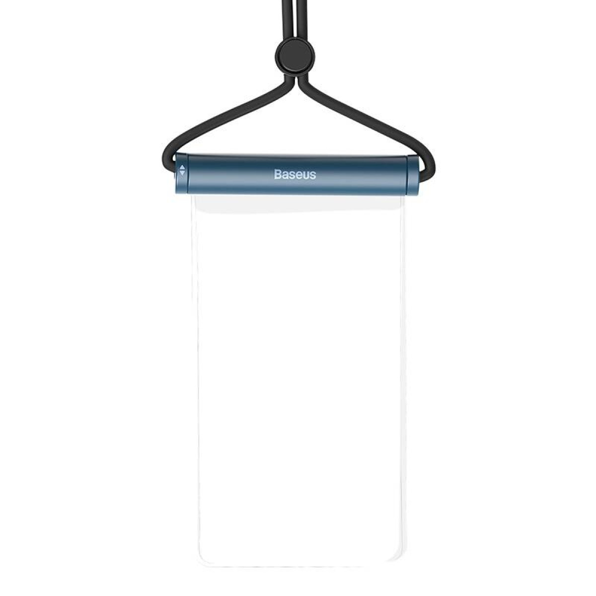 Transparente Handyhülle mit schwarzem Riemen und blauem Baseus-Balken.