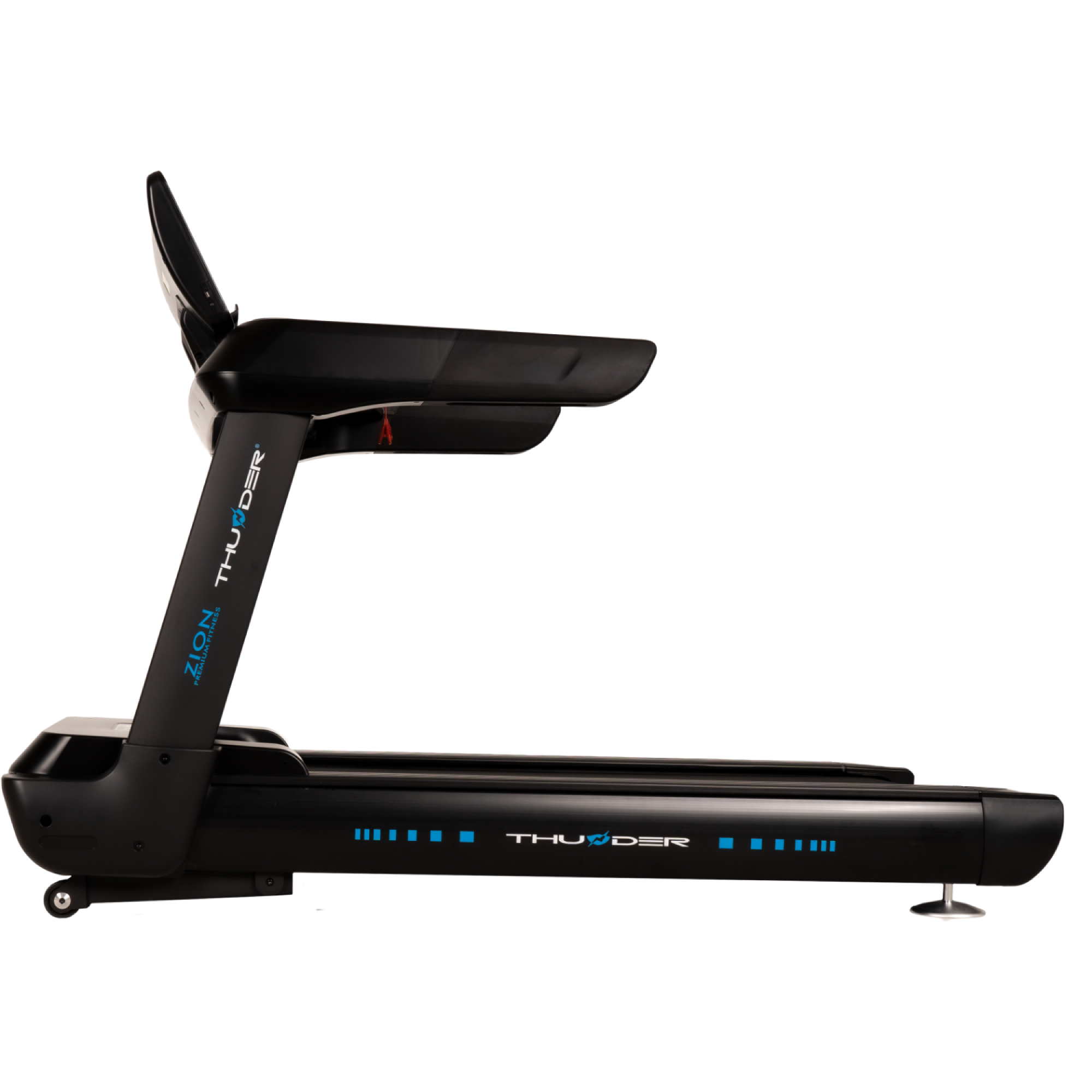 Czarna bieżnia pokazuje nazwę marki „THUNDER” na niebiesko z boku, na czystym, białym tle.