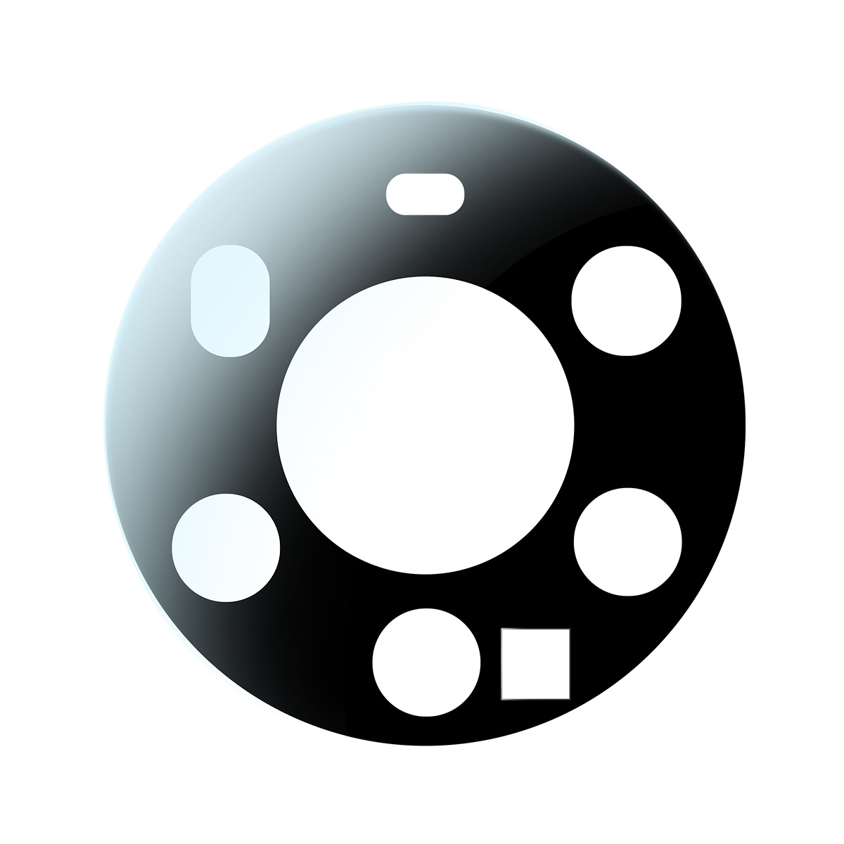 Czarna, okrągła osłona obiektywu z wieloma otworami na kamery telefonu znajduje się na białym tle.