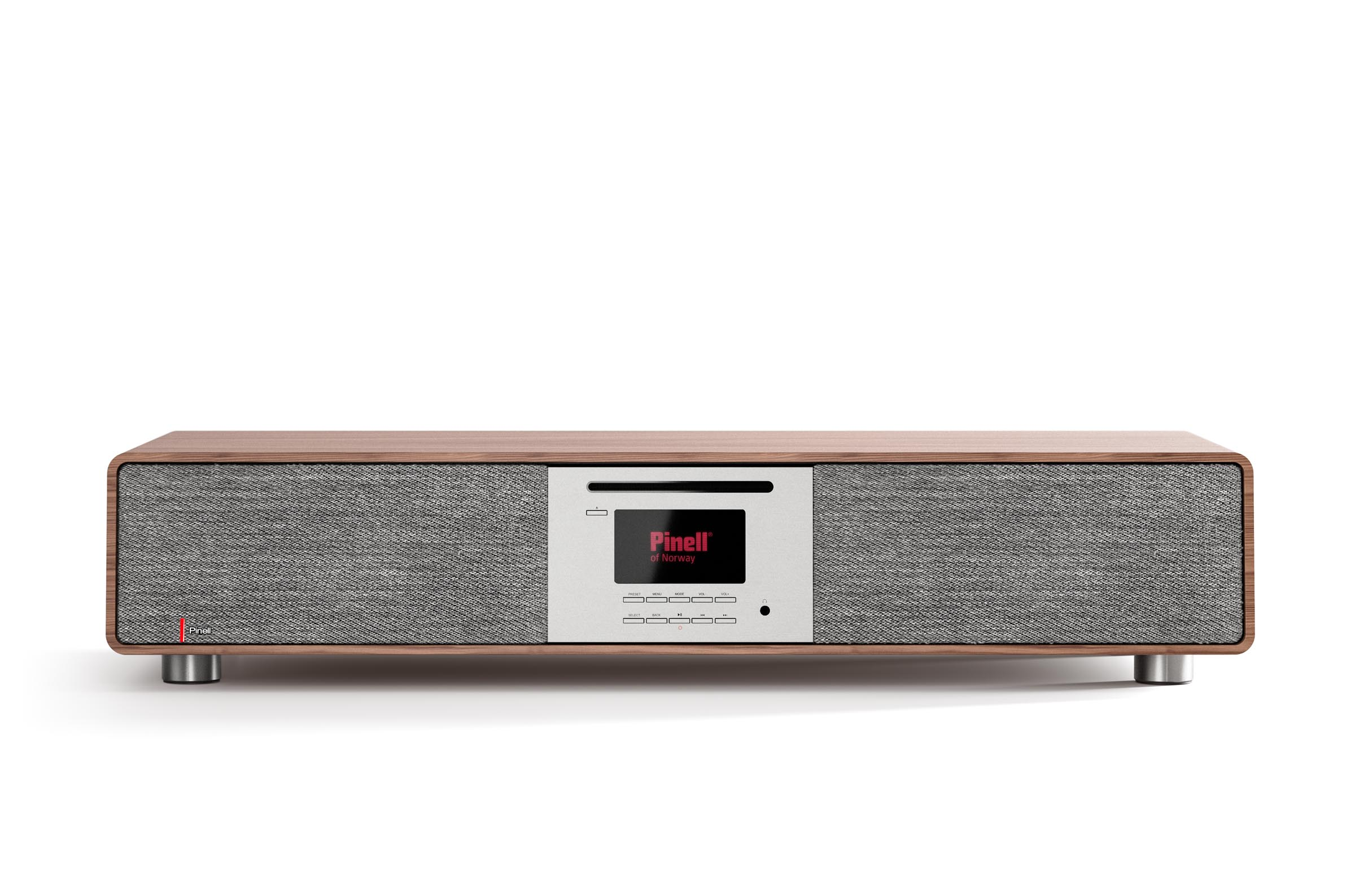 A Pinell radio, with a wood case and gray fabric front, features a central display and is set against a white background.