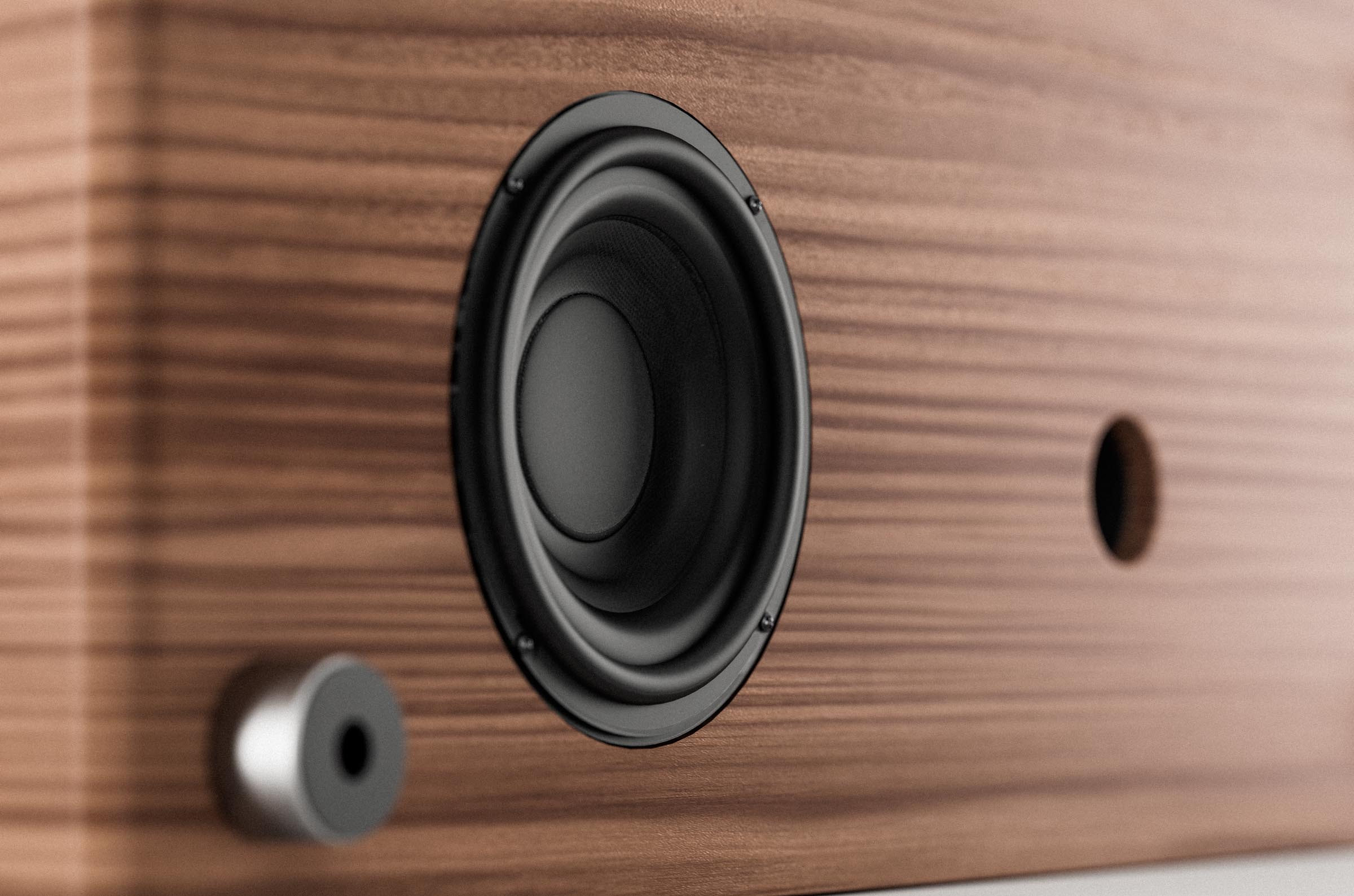 Close-up of a wooden speaker with a large black speaker and a small port.