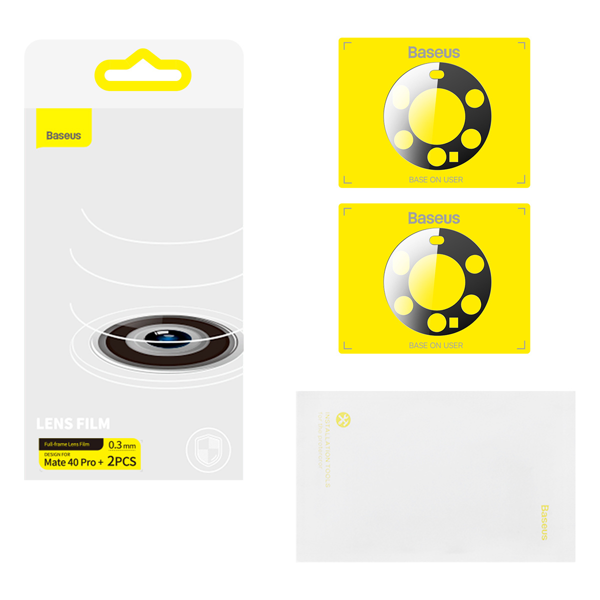 Opakowanie folii na obiektyw Baseus, folia na obiektyw i dwie żółte naklejki.