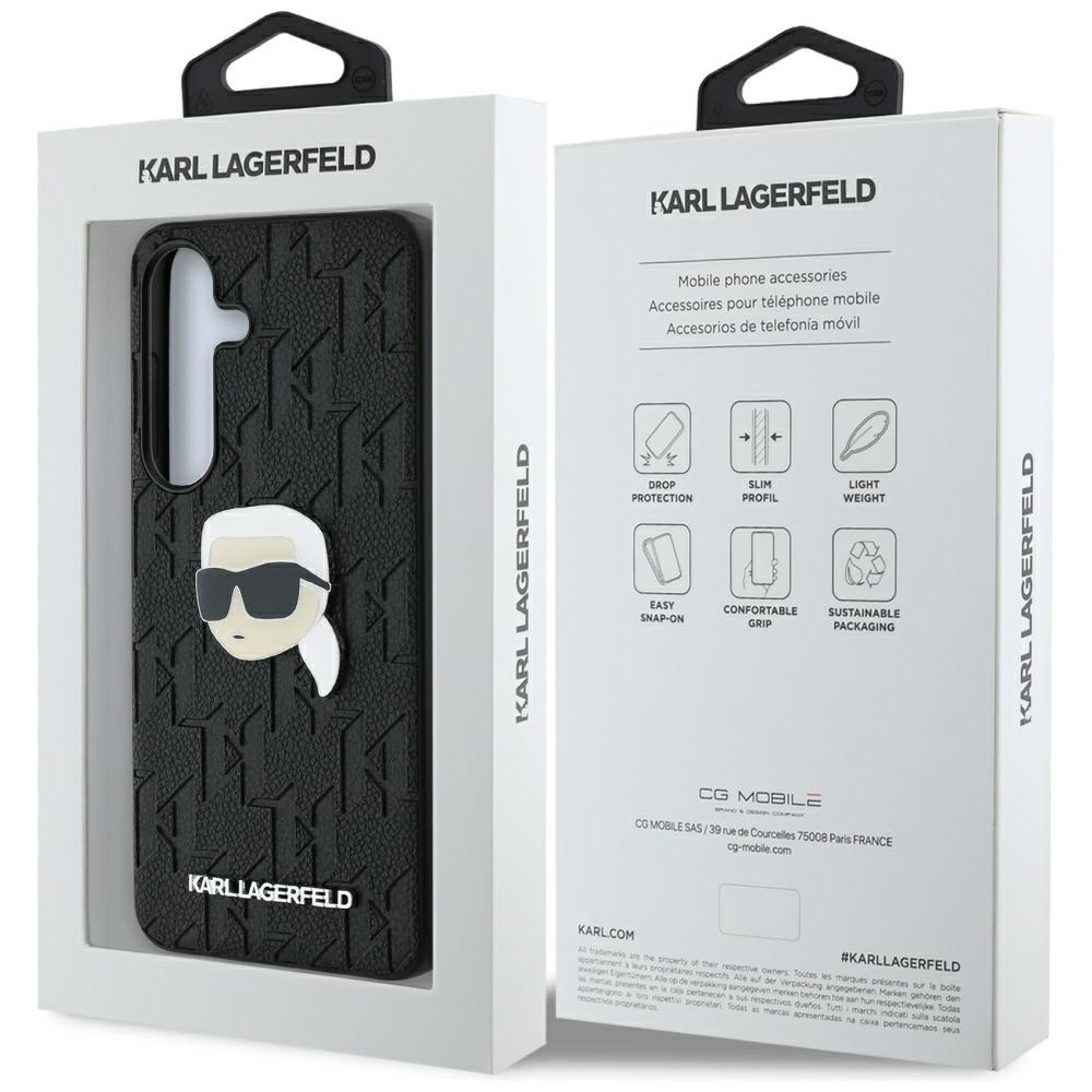 Etui na telefon Karl Lagerfeld w opakowaniu, pokazujące ochronę przed upadkiem, smukły profil i zrównoważone opakowanie.