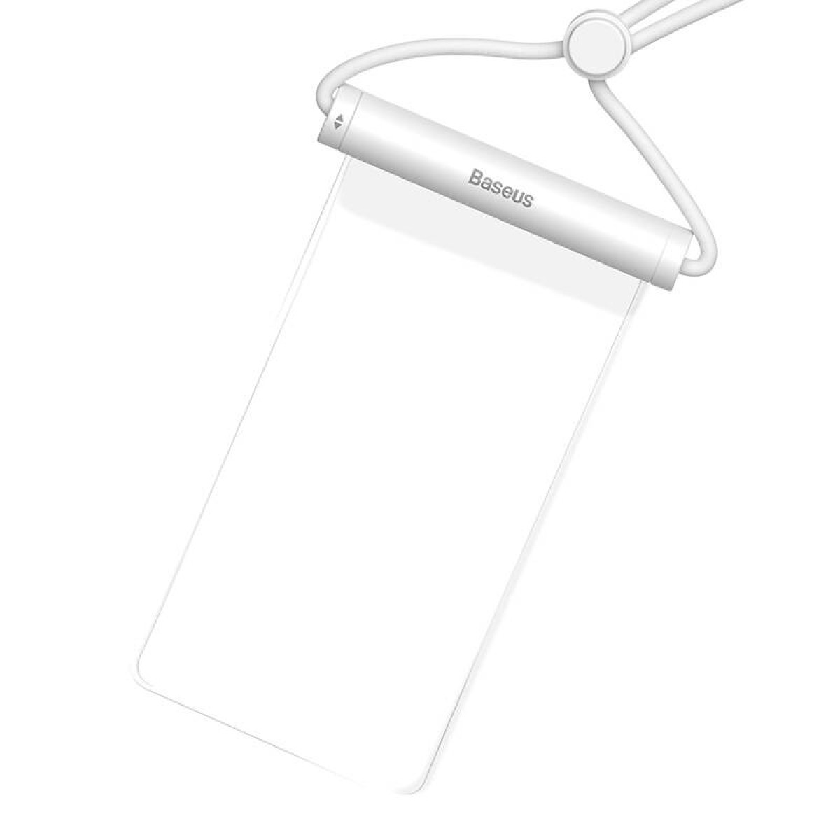 Transparente wasserdichte Handyhülle mit weißem Schlüsselband und schwarzem Baseus-Logo.