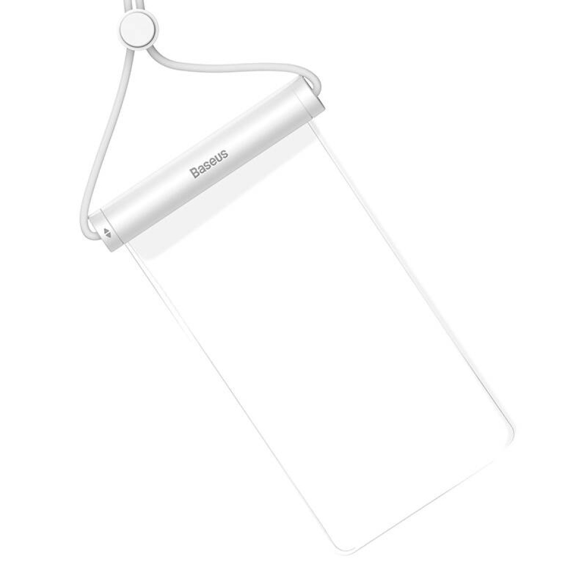 Transparente wasserdichte Handyhülle mit weißem Schlüsselband und schwarzem Baseus-Logo.