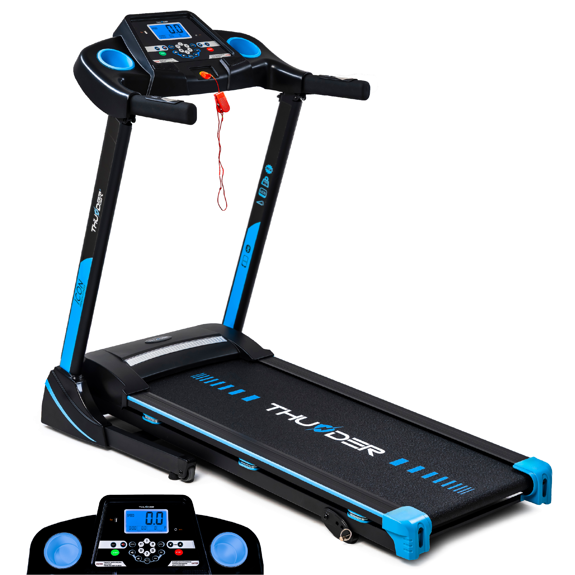 Czarno-niebieska bieżnia z czerwonym klipsem bezpieczeństwa na białym tle.