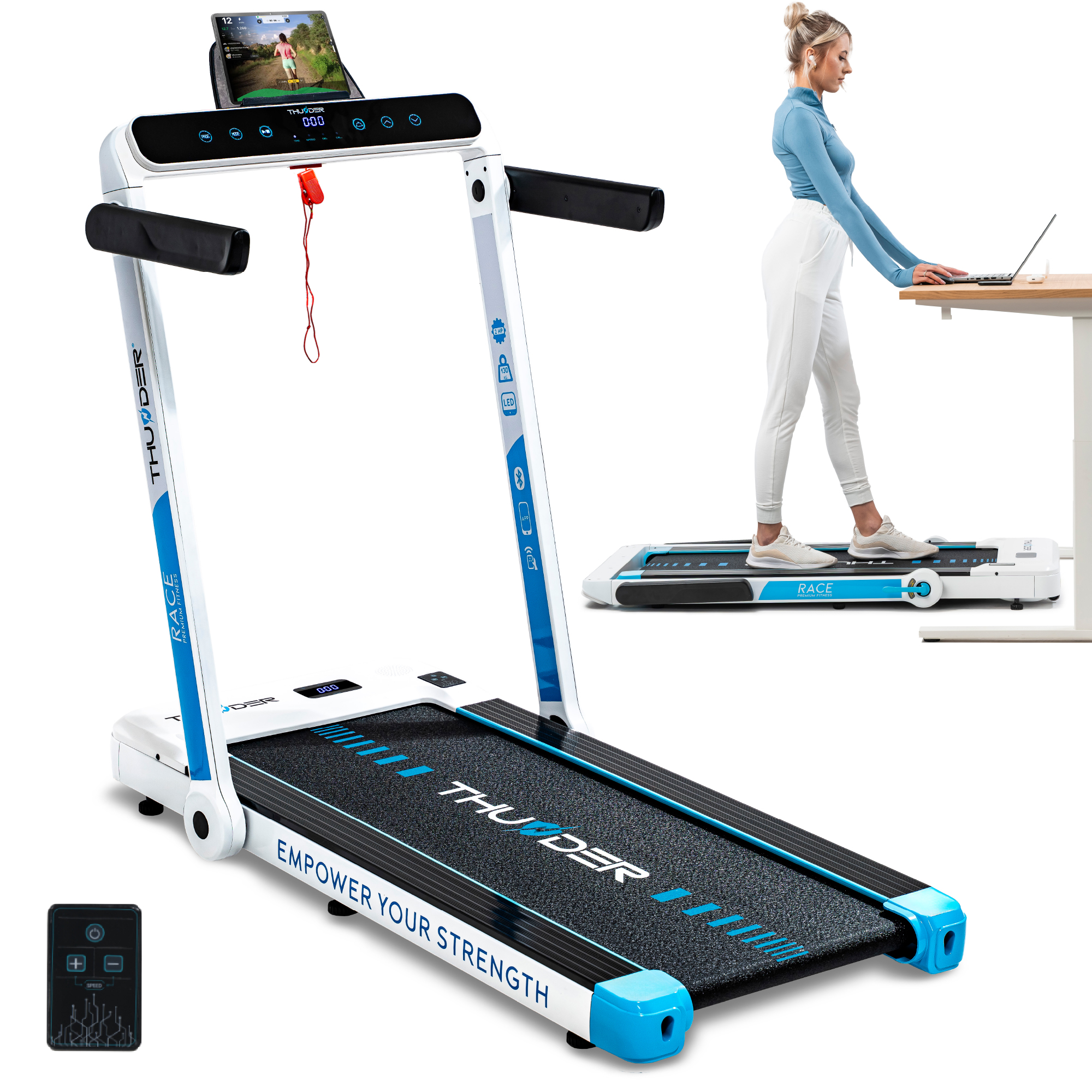 Biała i niebieska bieżnia z kobietą pracującą na laptopie w tle.