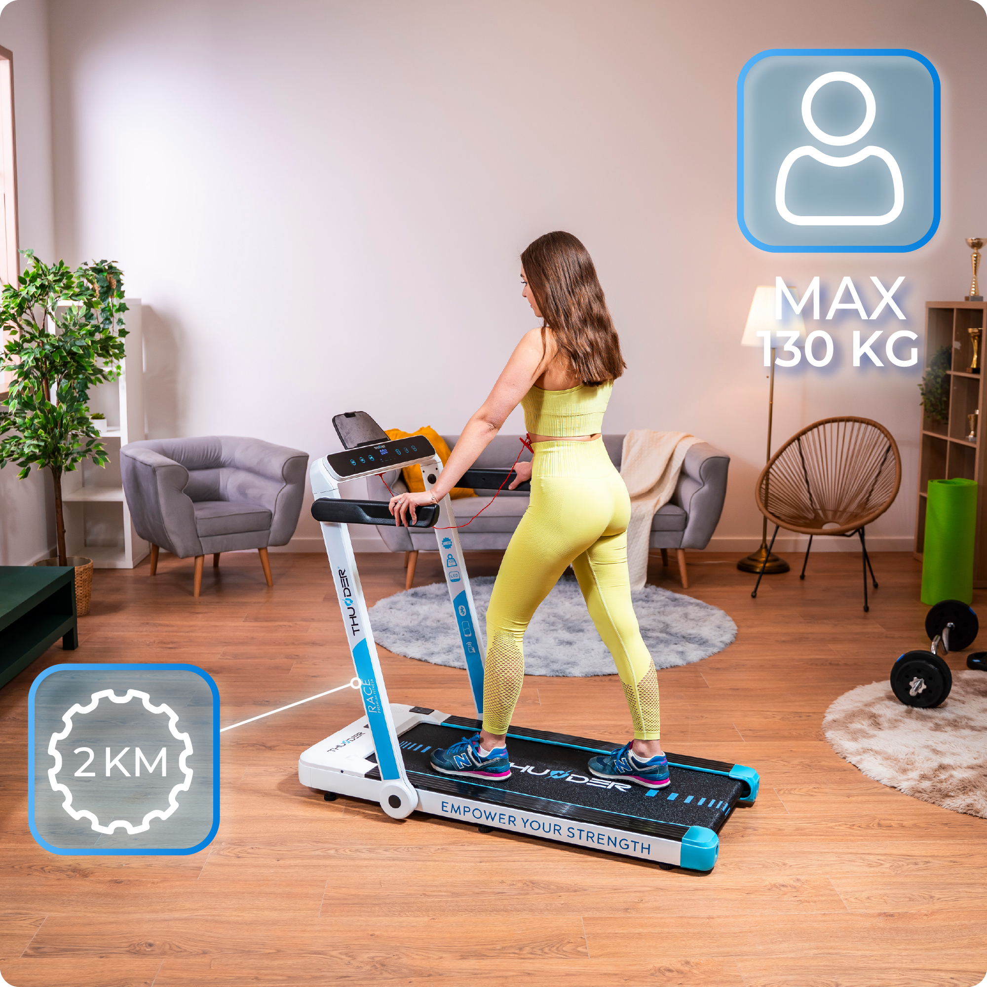 Kobieta korzysta z białej bieżni. Ikona wagi osoby w górnym rogu.