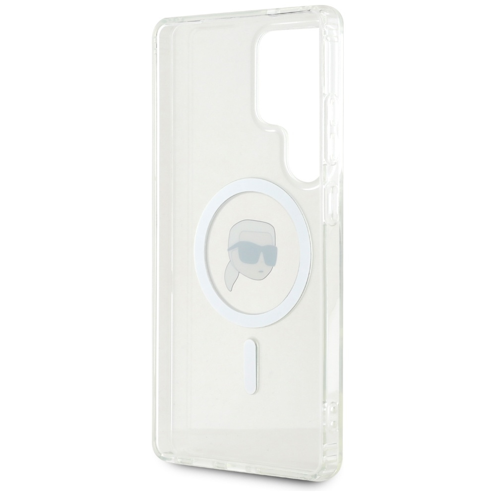 Przezroczyste etui na telefon z rysunkowym wzorem Karla Lagerfelda, przedstawiającym postać w okularach przeciwsłonecznych na białym tle.